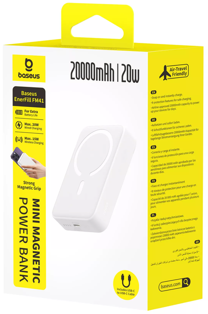 Trådlös Extern Batteri Baseus EnerFill FM41 Mini, 20000mAh, 20W, PD + FQI, 1 x QI - 1 x USB-C, Vit E0027U01