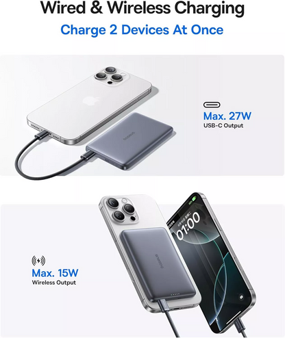 Extern batteri Wireless Baseus PicoGo AM41, 10000mAh, 27W, PD + FQI, 1 x QI - 1 x USB-C, Grå E0027200