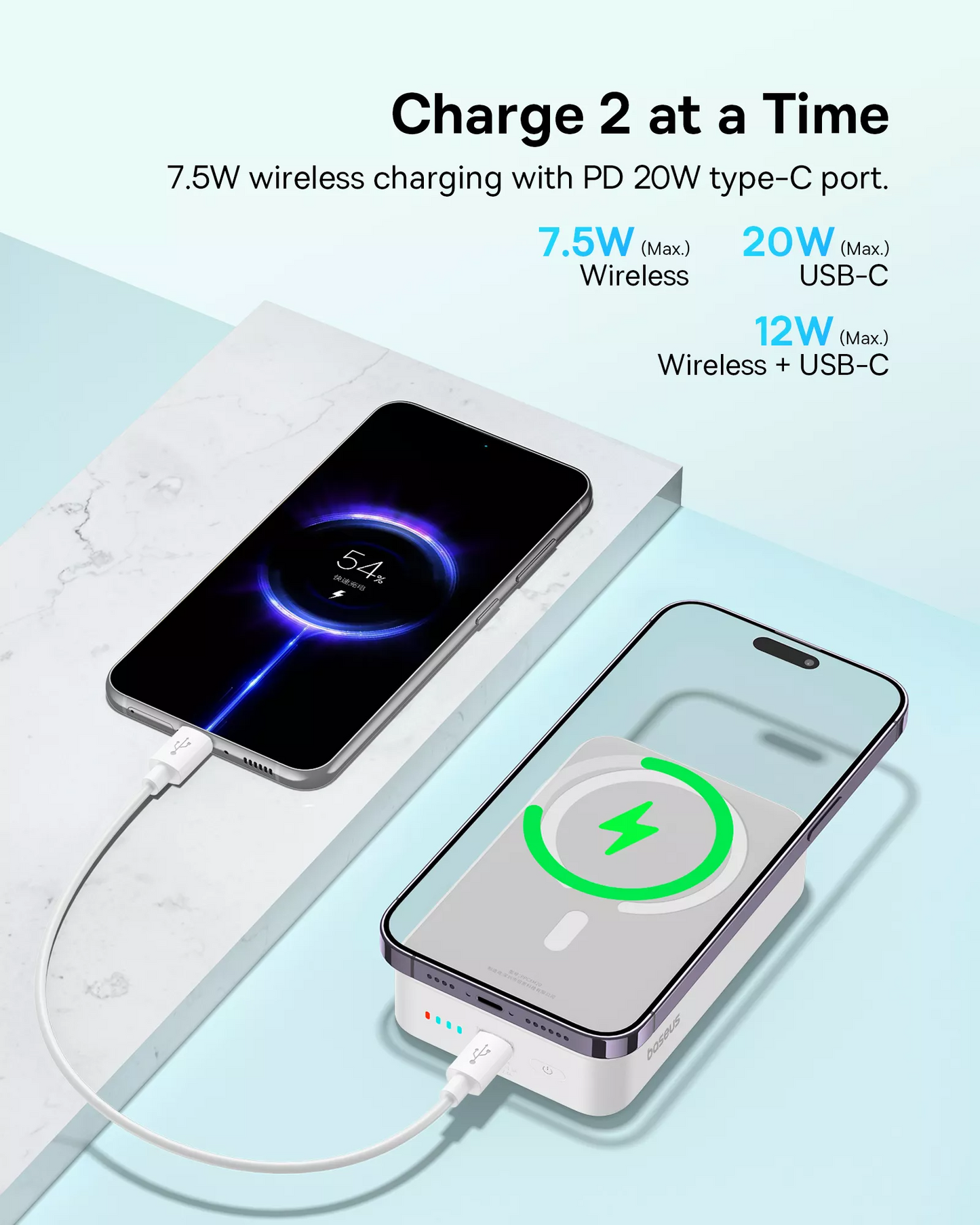 Trådlös Extern Batteri Baseus EnerFill FM41 Mini, 20000mAh, 20W, PD + FQI, 1 x QI - 1 x USB-C, Vit E0027U01