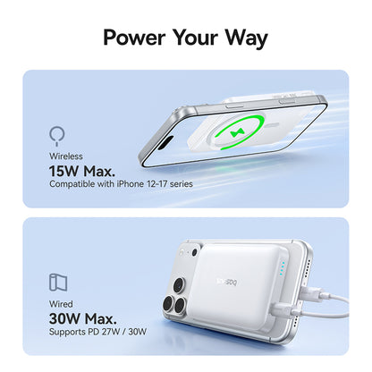 Trådlös Extern Batteri Baseus EnerFill FM11, 10000mAh, 30W, PD + FQI, 1 x QI - 1 x USB-C, Vit