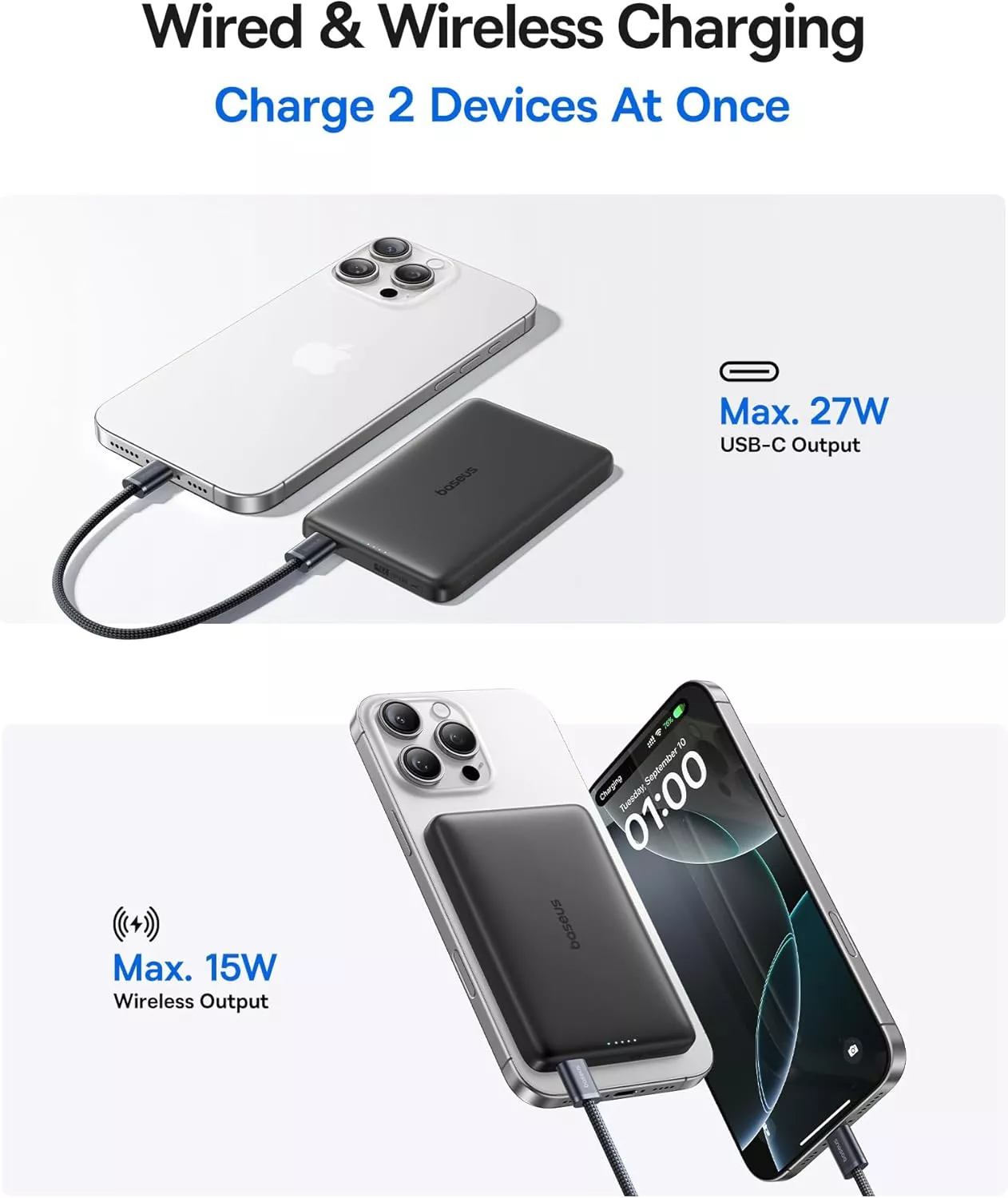 Extern batteri Wireless Baseus PicoGo AM41, 10000mAh, 27W, PD + FQI, 1 x QI - 1 x USB-C, Svart E0027201