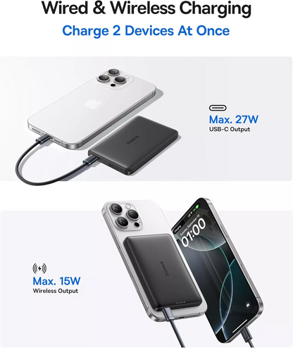Extern batteri Wireless Baseus PicoGo AM41, 10000mAh, 27W, PD + FQI, 1 x QI - 1 x USB-C, Svart E0027201