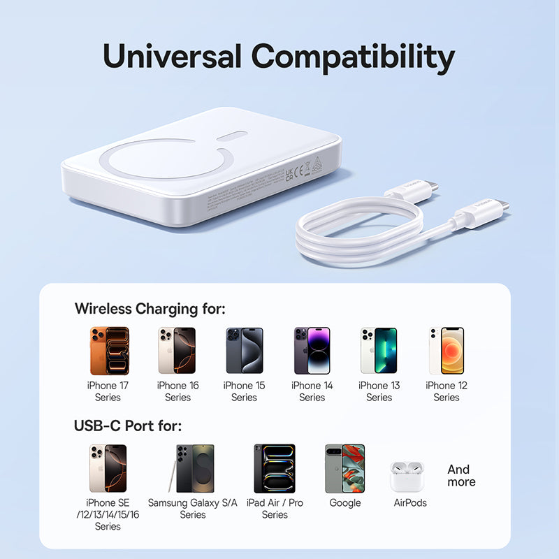 Trådlös Extern Batteri Baseus EnerFill FM11, 10000mAh, 30W, PD + FQI, 1 x QI - 1 x USB-C, Vit