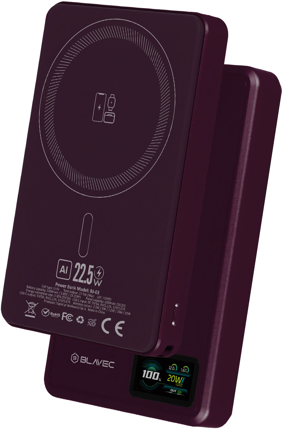 Blavec BJ-03 Slim trådlös powerbank, 10000 mAh, 22,5 W, PD + FQI, 1 x QI – 1 x USB-C, lila