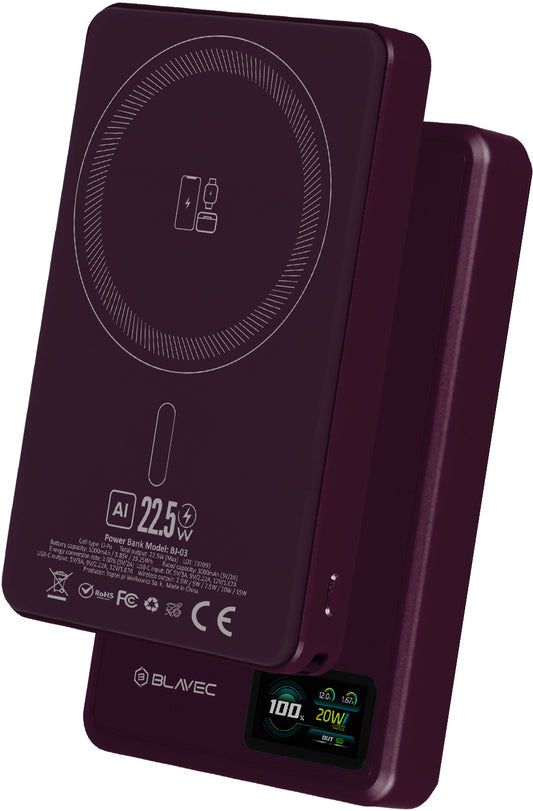 Blavec BJ-03 Slim trådlös powerbank, 10000 mAh, 22,5 W, PD + FQI, 1 x QI – 1 x USB-C, lila