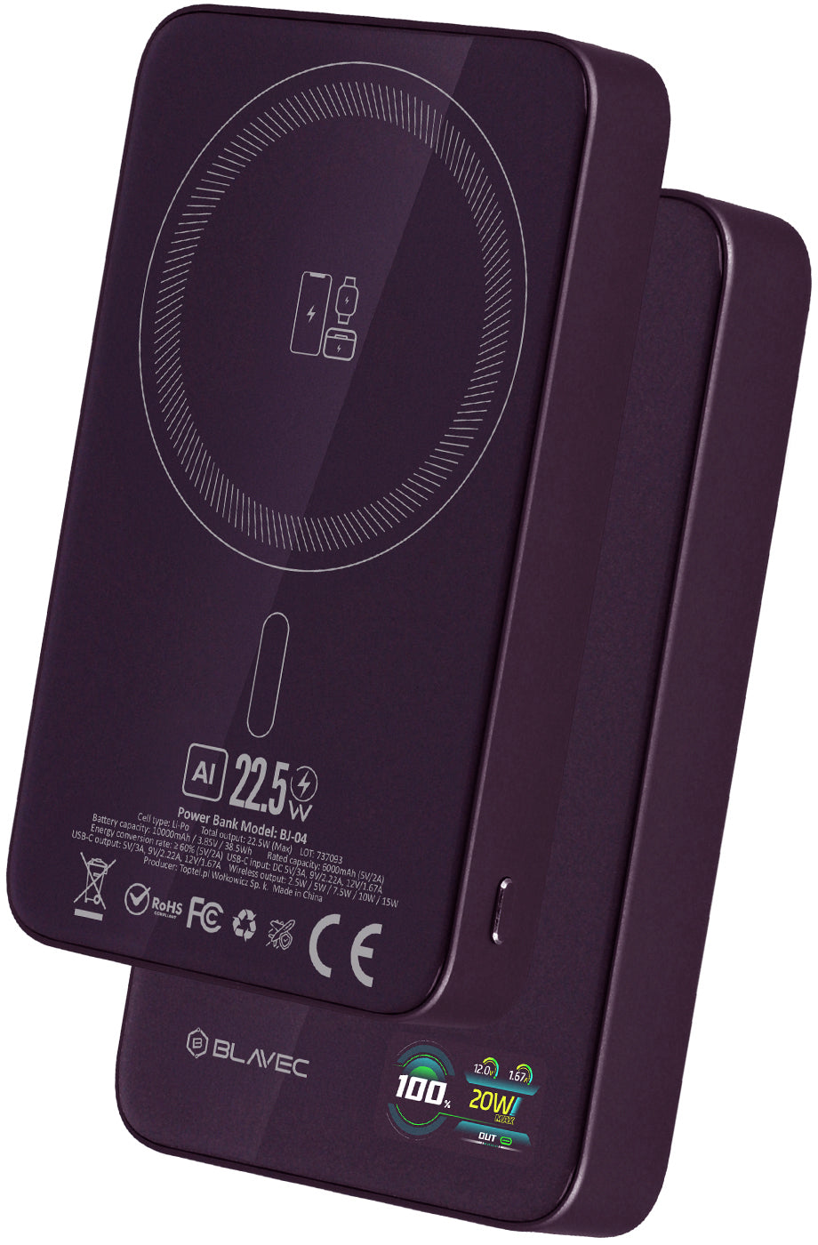 Blavec BJ-04 Slim trådlös powerbank, 10 000 mAh, 22,5 W, PD + FQI, 1 x QI – 1 x USB-C, lila