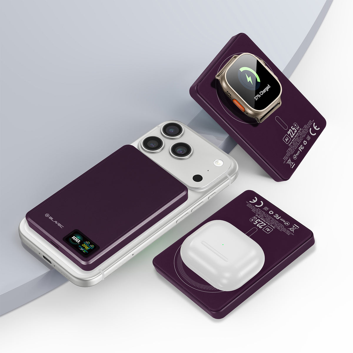 Blavec BJ-03 Slim trådlös powerbank, 10000 mAh, 22,5 W, PD + FQI, 1 x QI – 1 x USB-C, lila