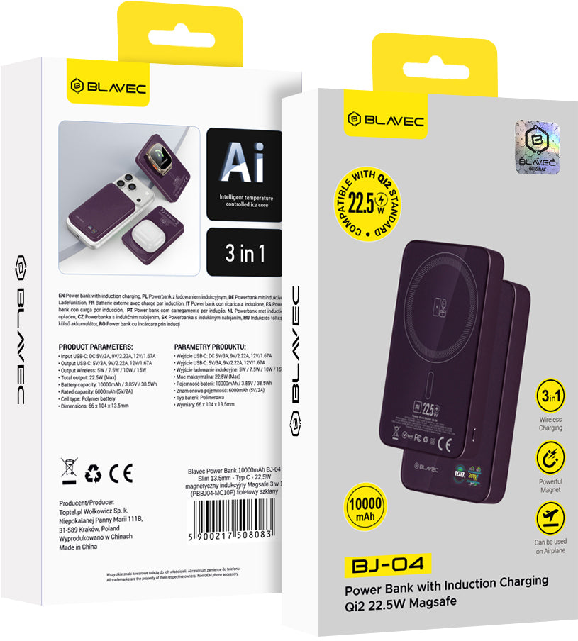 Blavec BJ-04 Slim trådlös powerbank, 10 000 mAh, 22,5 W, PD + FQI, 1 x QI – 1 x USB-C, lila
