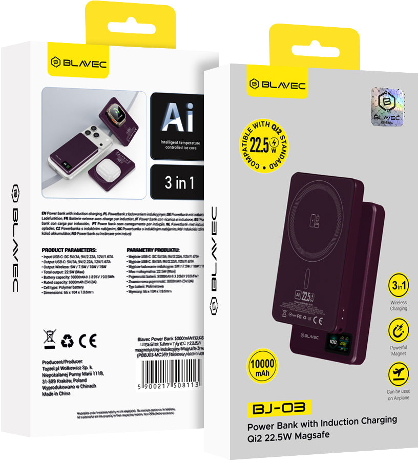 Blavec BJ-03 Slim trådlös powerbank, 10000 mAh, 22,5 W, PD + FQI, 1 x QI – 1 x USB-C, lila