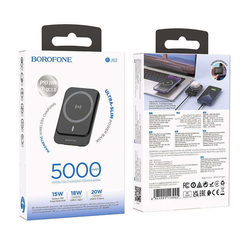 Trådlös Extern Batteri Borofone BJ63 Nimble, 5000mAh, 20W, PD + FQI, 1 x QI - 1 x USB-C, Svart