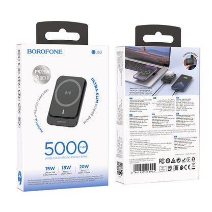 Trådlös Extern Batteri Borofone BJ63 Nimble, 5000mAh, 20W, PD + FQI, 1 x QI - 1 x USB-C, Svart