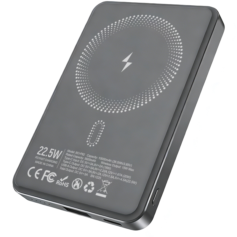 Trådlös Extern Batteri BWOO BO-P82, 10000mAh, 22,5W, PD + FQI, 1 x QI - 1 x USB-C, Grå
