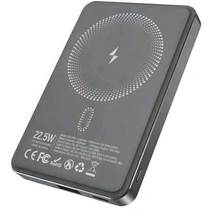 Trådlös Extern Batteri BWOO BO-P82, 10000mAh, 22,5W, PD + FQI, 1 x QI - 1 x USB-C, Grå