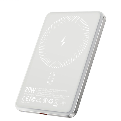 Trådlös Extern Batteri BWOO P79, 5000mAh, 20W, PD + FQI, 1 x QI - 1 x USB-C, Grå