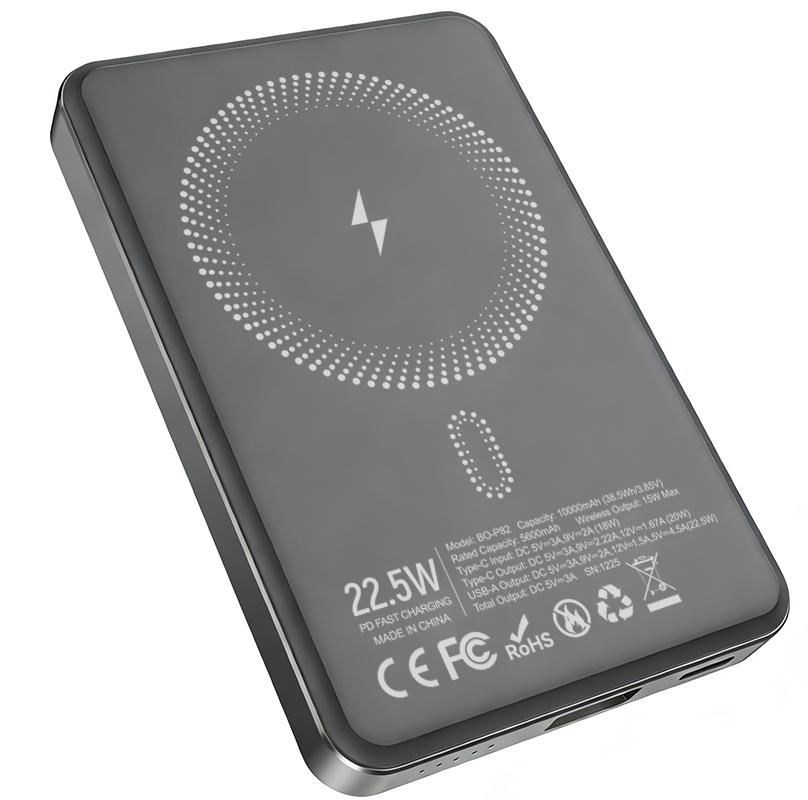 Trådlös Extern Batteri BWOO BO-P82, 10000mAh, 22,5W, PD + FQI, 1 x QI - 1 x USB-C, Grå