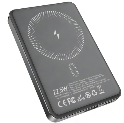 Trådlös Extern Batteri BWOO BO-P82, 10000mAh, 22,5W, PD + FQI, 1 x QI - 1 x USB-C, Grå