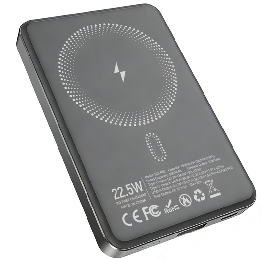 Trådlös Extern Batteri BWOO BO-P82, 10000mAh, 22,5W, PD + FQI, 1 x QI - 1 x USB-C, Grå