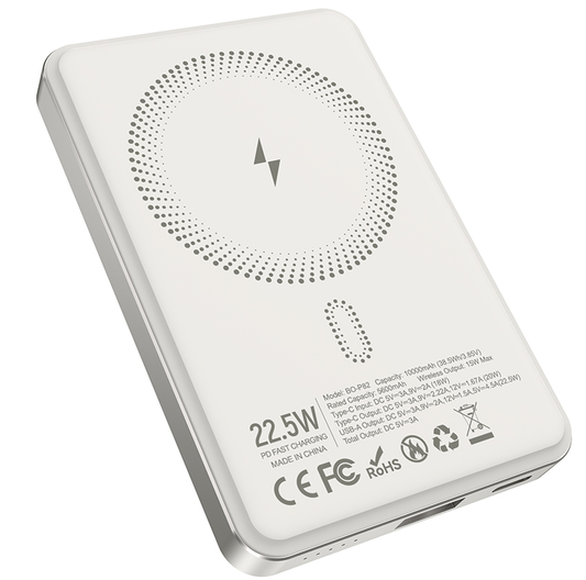 Trådlös Extern Batteri BWOO BO-P82, 10000mAh, 22,5W, PD + FQI, 1 x QI - 1 x USB-C, Vit