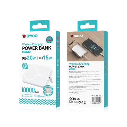 Trådlös Extern Batteri BWOO BO-P59, 10000mAh, 20W, PD + QI, 1 x QI - 1 x USB-C, Vit