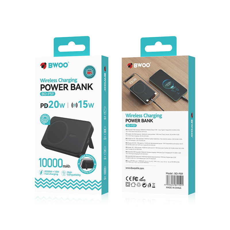 Trådlös Extern Batteri BWOO BO-P59, 10000mAh, 20W, PD + FQI, 1 x QI - 1 x USB-C, Svart