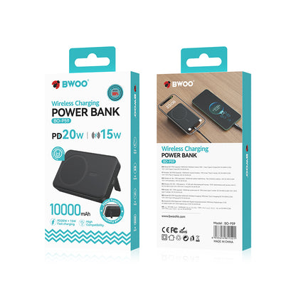 Trådlös Extern Batteri BWOO BO-P59, 10000mAh, 20W, PD + FQI, 1 x QI - 1 x USB-C, Svart