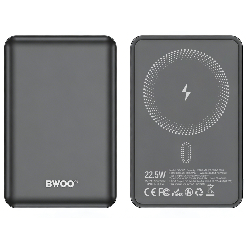 Trådlös Extern Batteri BWOO BO-P82, 10000mAh, 22,5W, PD + FQI, 1 x QI - 1 x USB-C, Grå