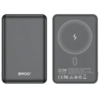 Trådlös Extern Batteri BWOO BO-P82, 10000mAh, 22,5W, PD + FQI, 1 x QI - 1 x USB-C, Grå
