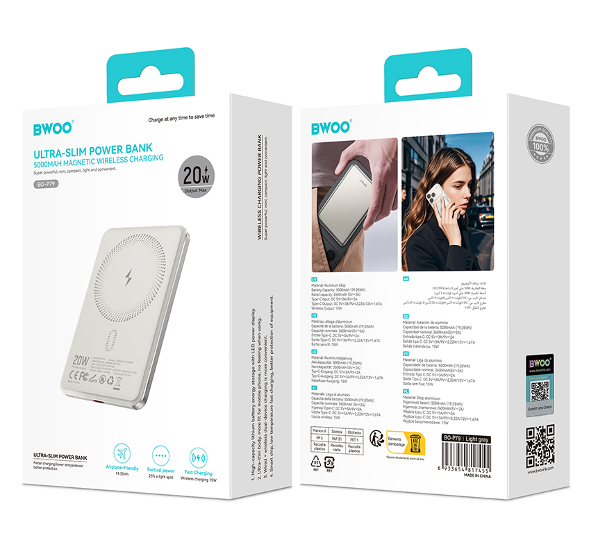 Trådlös Extern Batteri BWOO P79, 5000mAh, 20W, PD + FQI, 1 x QI - 1 x USB-C, Grå