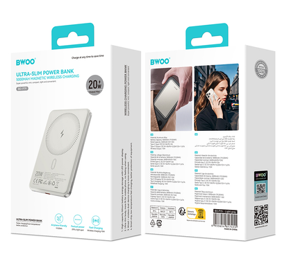 Trådlös Extern Batteri BWOO P79, 5000mAh, 20W, PD + FQI, 1 x QI - 1 x USB-C, Grå