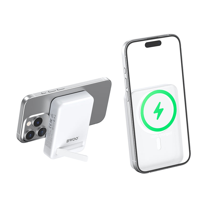 Trådlös Extern Batteri BWOO BO-P59, 10000mAh, 20W, PD + QI, 1 x QI - 1 x USB-C, Vit