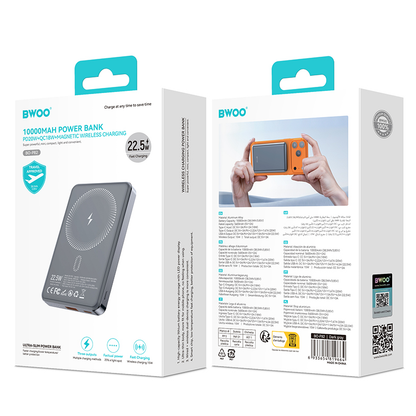 Trådlös Extern Batteri BWOO BO-P82, 10000mAh, 22,5W, PD + FQI, 1 x QI - 1 x USB-C, Grå