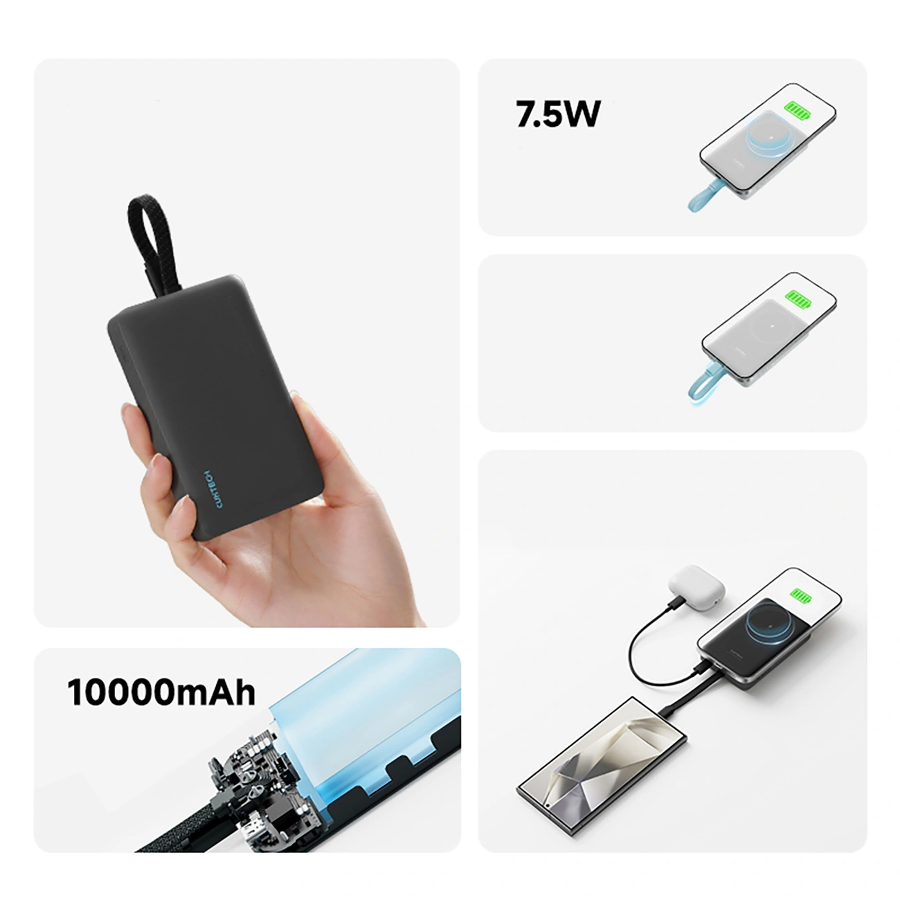 Trådlös Extern Batteri Cuktech CP132ML, 10000mAh, 22,5W, PD + QI, 2 x USB-C, Vit