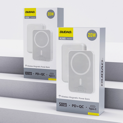 Extern batteri Wireless Dudao K26s, 5000mAh, 20W, PD + FQI, 1 x QI - 1 x USB-C, Vit