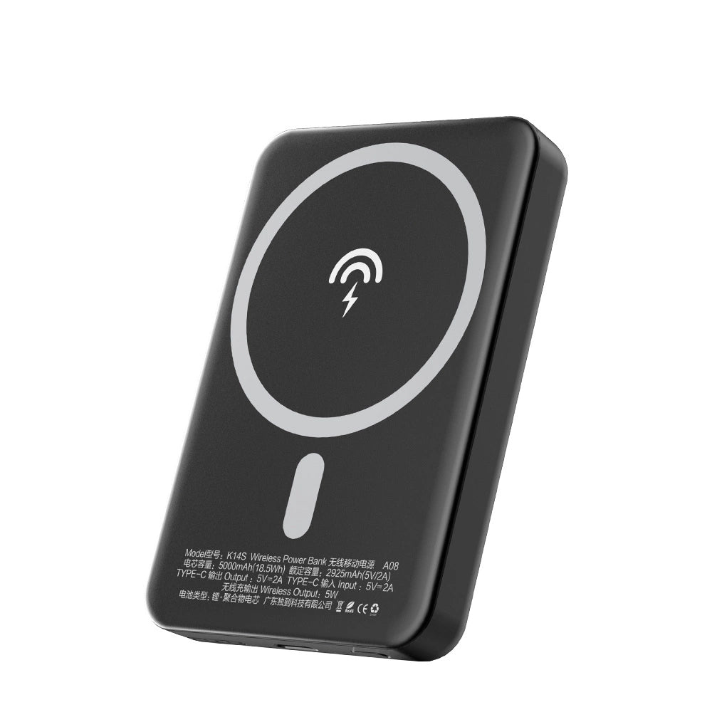 Extern Trådlös Batteri Dudao K14S, 5000mAh, 10W, PD + QI, 1 x QI - 1 x USB-C, Svart