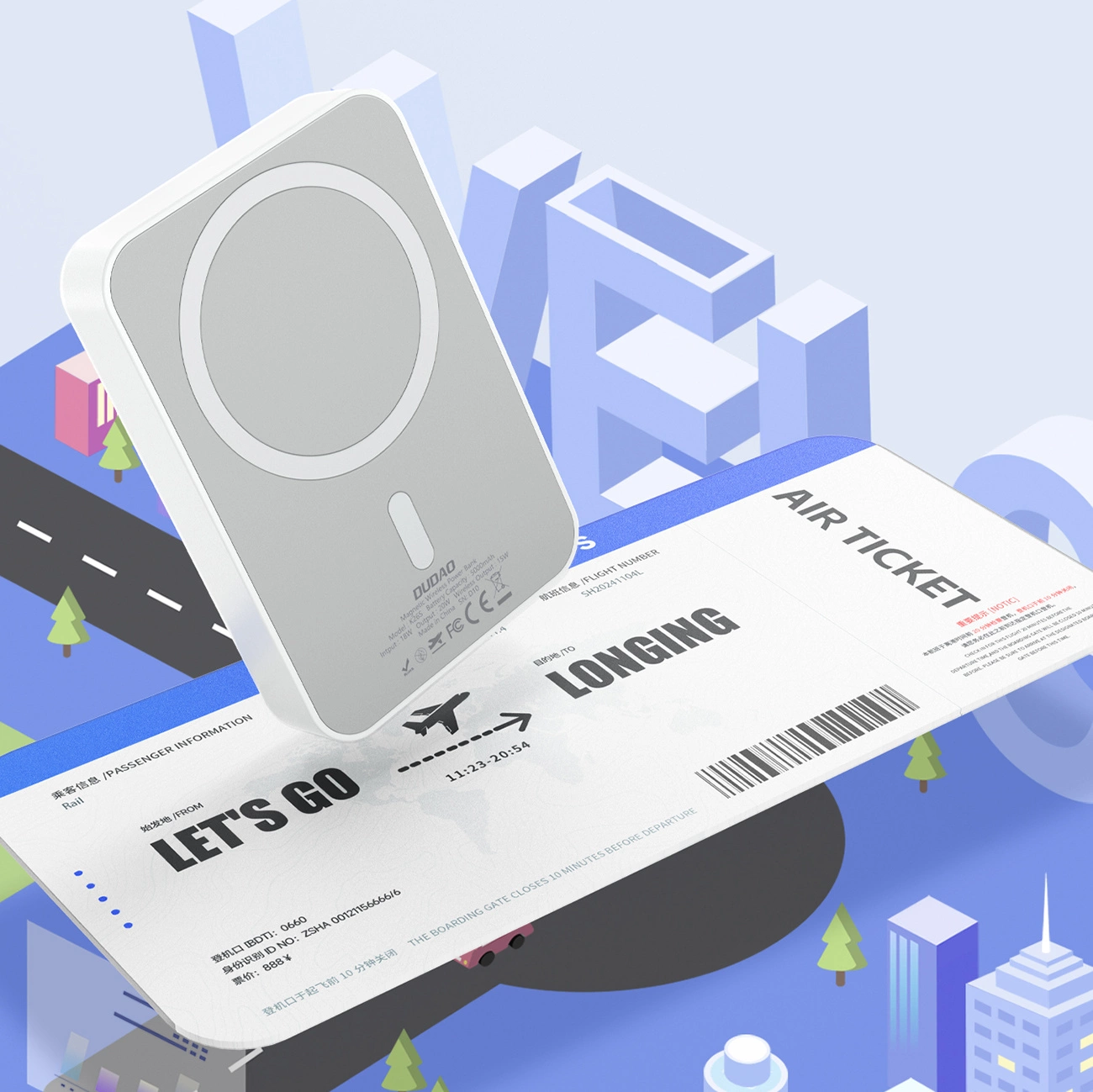 Extern batteri Wireless Dudao K26s, 5000mAh, 20W, PD + FQI, 1 x QI - 1 x USB-C, Vit