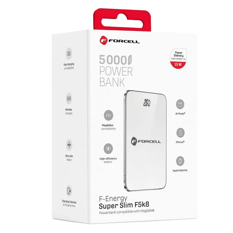 Extern Trådlös Batteri Forcell F5K8, 5000mAh, 15W, PD + FQI, 1 x QI - 1 x USB-C, Vit