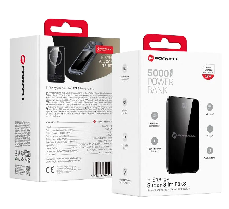 Forcell F5K8 Wireless External Battery, 5000mAh, 15W, PD + FQI, 1 x QI - 1 x USB-C, Black