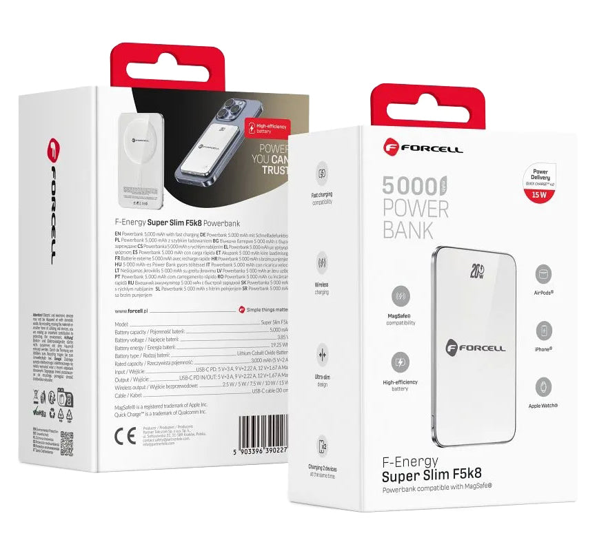 Extern Trådlös Batteri Forcell F5K8, 5000mAh, 15W, PD + FQI, 1 x QI - 1 x USB-C, Vit