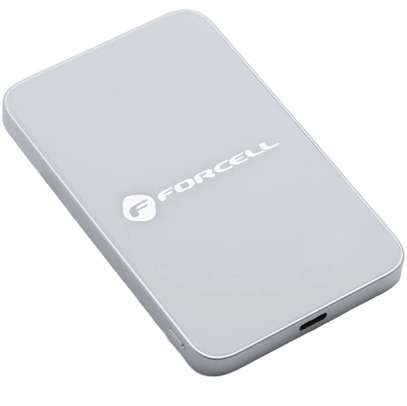 Extern Trådlös Batteri Forcell F5K8, 5000mAh, 15W, PD + FQI, 1 x QI - 1 x USB-C, Vit