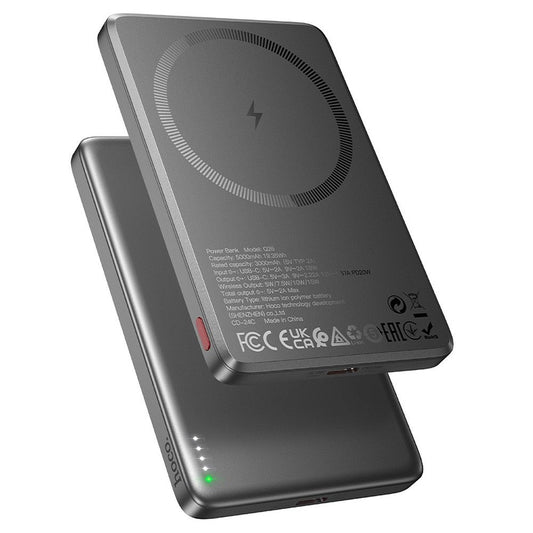 Trådlös Extern Batteri HOCO Q26, 5000mAh, 20W, PD + FQI, 1 x QI - 1 x USB-C, Grå
