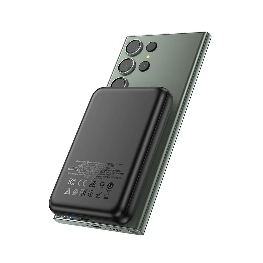 Extern trådlös batteri HOCO J141, 10000mAh, 20W, PD + FQI, 1 x QI - 1 x USB-C, Svart
