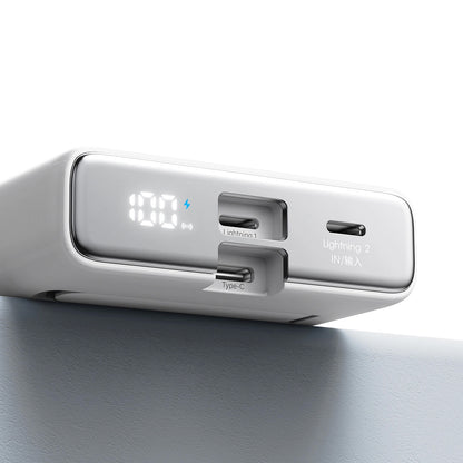 Trådlös Extern Batteri Joyroom JR-PBM01, 10000mAh, 20W, QC + PD + FQI, 1 x Lightning - 1 x QI - 1 x USB-C, Vit