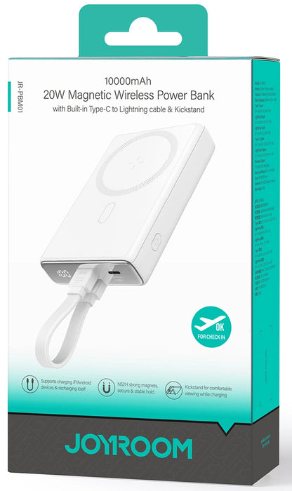 Trådlös Extern Batteri Joyroom JR-PBM01, 10000mAh, 20W, QC + PD + FQI, 1 x Lightning - 1 x QI - 1 x USB-C, Vit