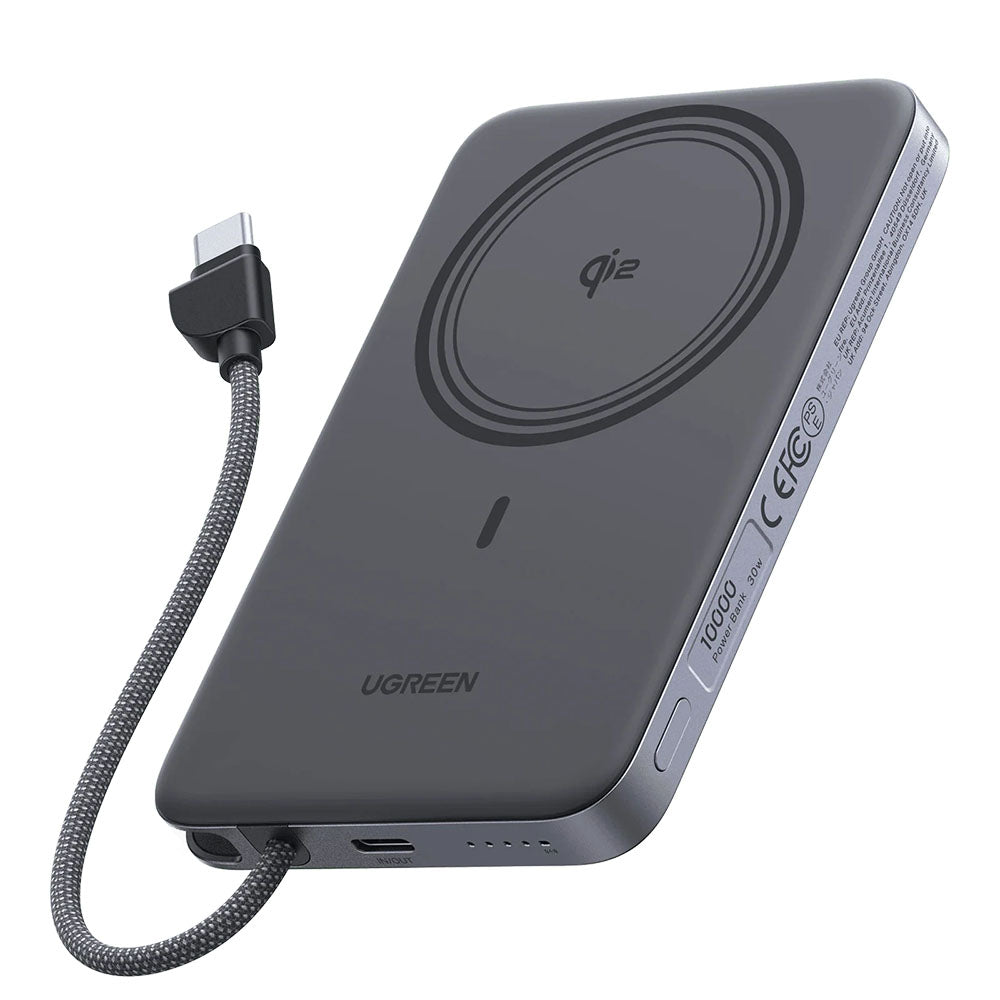 Trådlös powerbank UGREEN PB570 (75982B), 10 000 mAh, 30 W, PD + FQI, 1 x QI – 2 x USB-C, grå