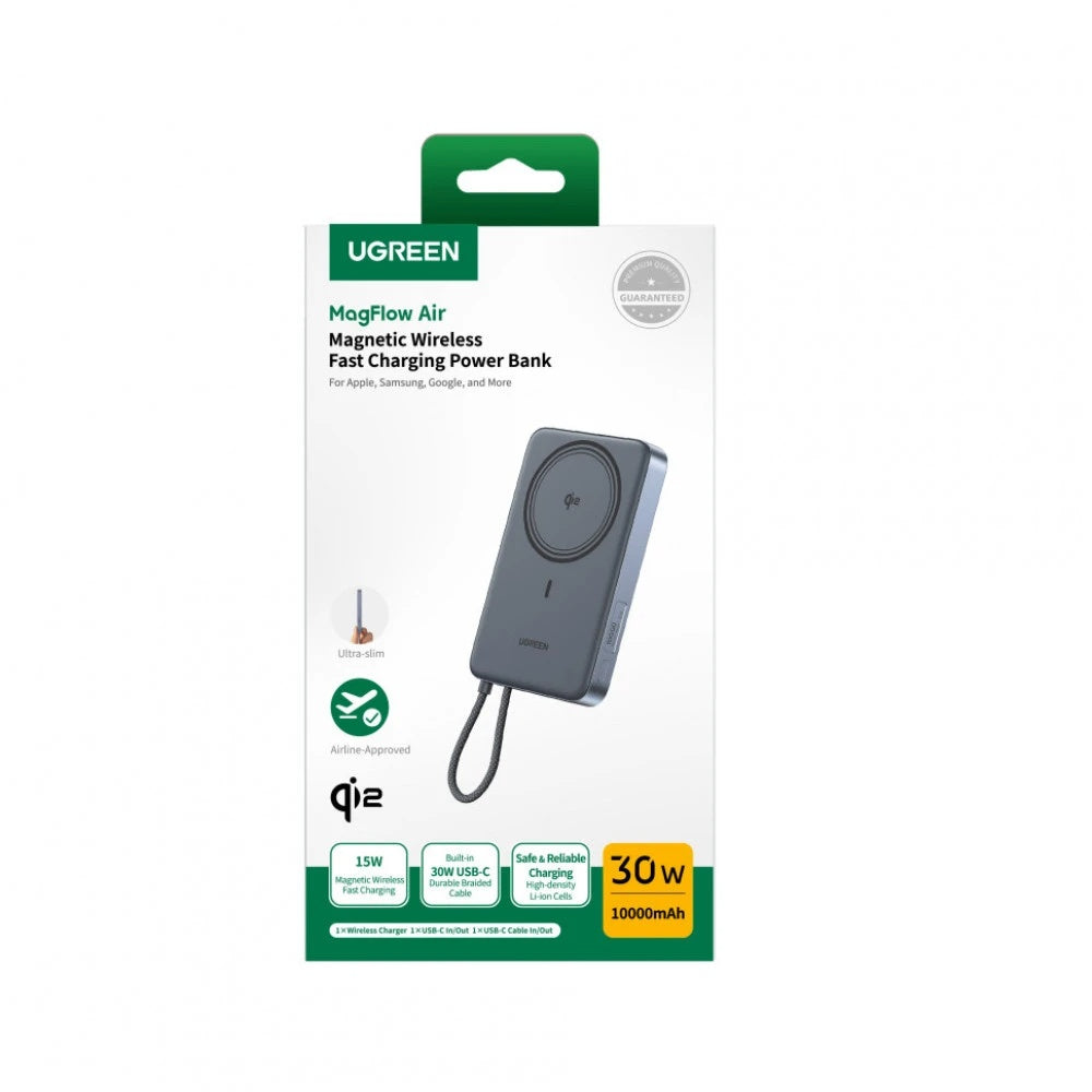 Trådlös powerbank UGREEN PB570 (75982B), 10 000 mAh, 30 W, PD + FQI, 1 x QI – 2 x USB-C, grå