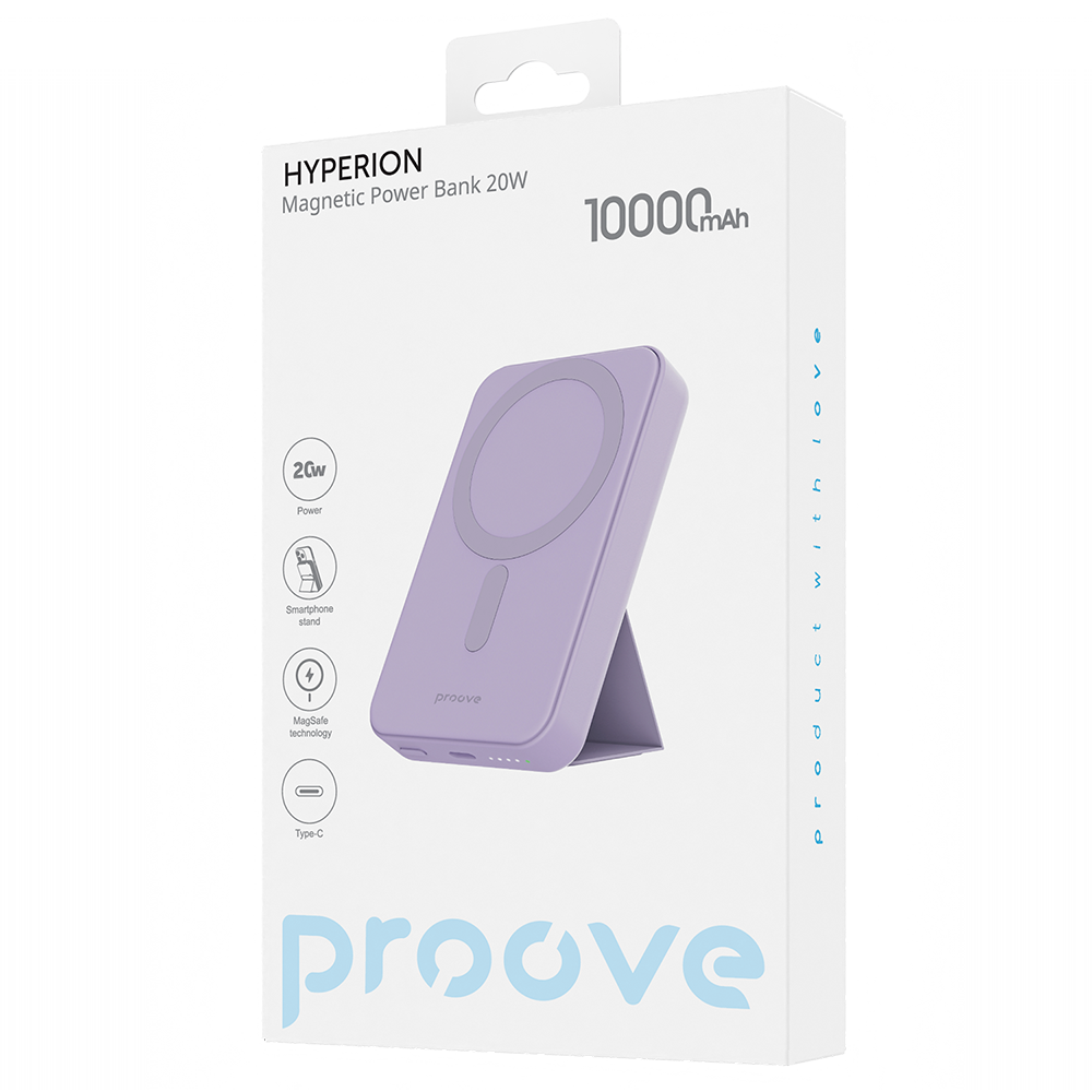 Extern Trådlös Batteri Proove Hyperion, 10000mAh, 20W, PD + FQI, 1 x QI - 1 x USB-C, Lila