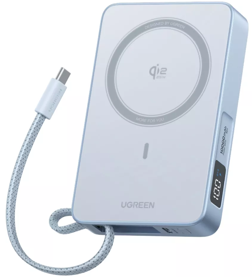 Trådlös Extern Batteri UGREEN MagFlow PB773 (65958), 10000mAh, 25W, PD + FQI, 1 x QI - 2 x USB-C, Blå
