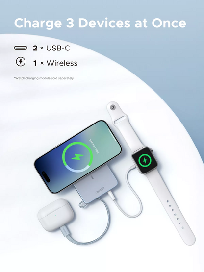 Trådlös Extern Batteri UGREEN MagFlow PB773 (65958), 10000mAh, 25W, PD + FQI, 1 x QI - 2 x USB-C, Blå