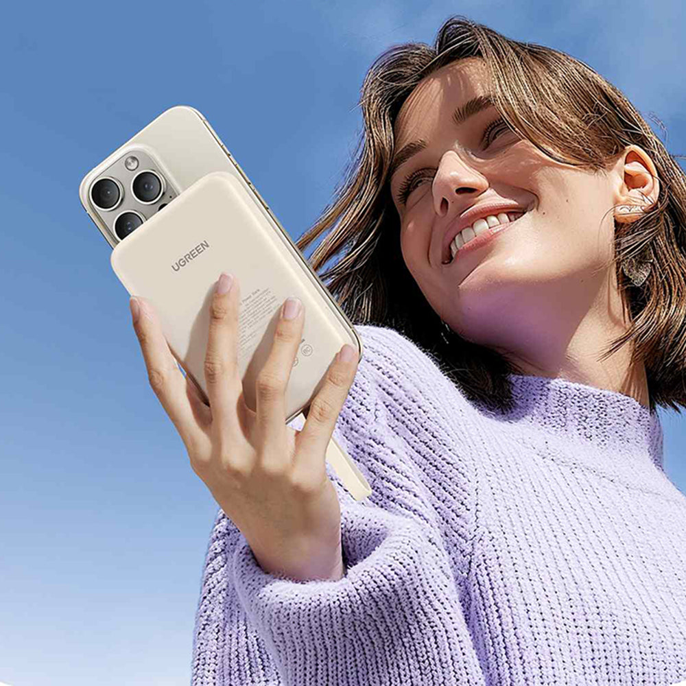 Extern Trådlös Batteri UGREEN PB760, 10000mAh, 20W, PD + FQI, 1 x QI - 1 x USB-C, Beige