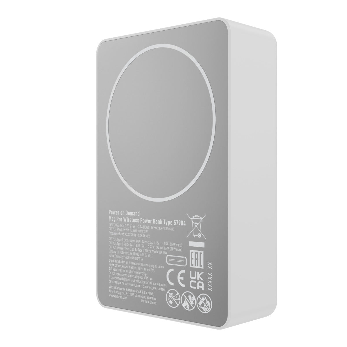 Extern trådlös batteri Varta Mag Pro, 10000mAh, 20W, 1 x QI - 2 x USB-C, Vit